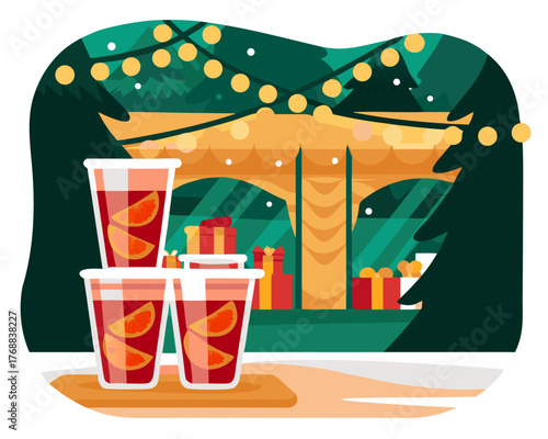 Colorful street Christmas market stall featuring mulled wine in clear cups, adorned with festive lights and surrounded by gift boxes, creating a warm holiday atmosphere