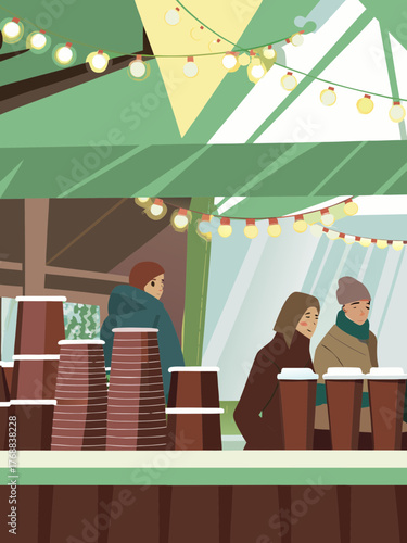 Street market stall featuring stacked cups of mulled wine, with festive lights and customers enjoying the warm beverage in a cozy atmosphere, perfect for winter celebrations