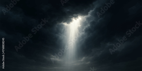 Dramatic blue sky with sun rays piercing through dark clouds