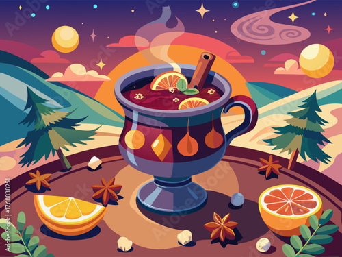 Pot of mulled wine with star anise and citrus slices, surrounded by scenic mountains and trees, creating a warm and inviting atmosphere for cozy gatherings