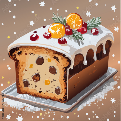 Festive rectangular Christmas loaf cake adorned with vibrant fruits and icing, showcasing a delightful dessert perfect for holiday gatherings and celebrations