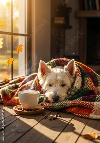 Golden retriever sleeping in cozy armchair with plaid blanket by window. Autumn scene with hot coffee and glowing book. Peaceful hygge lifestyle at home.
