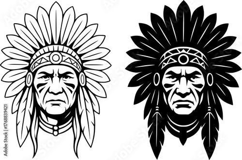Apache tribe, black and white vector, outline and silhouette versions