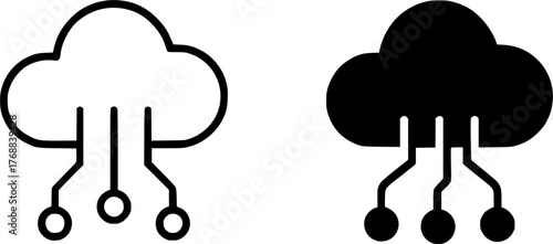 Cloud computing, black and white vector, outline and silhouette versions