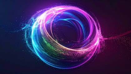 Vibrant, swirling abstract technology particles in shades of pink, blue, and green, forming a circular pattern on a dark background with a sense of dynamic movement and energy.