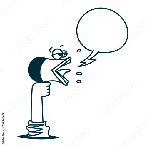 funny megaphone character shouting and yelling with bubble talk illustration in doodle cartoon 
