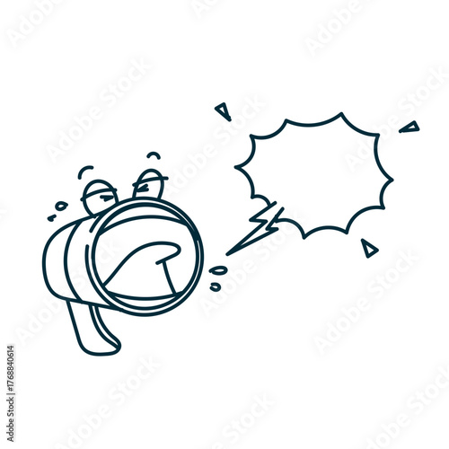 funny megaphone character shouting and yelling with bubble talk illustration in doodle cartoon 