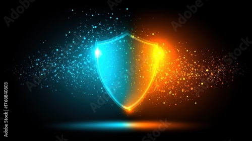 Vibrant glowing shield with particles illuminating a dark background symbolizing protection security and digital defense