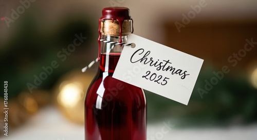 Homemade Christmas 2025 gift bottle with red liquid, sealed with cork and wax, festive holiday background