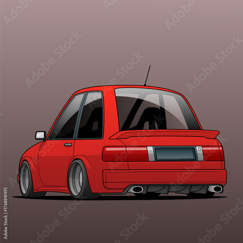 Sporty red compact car with rear spoiler and dual exhaust, illustrated in cartoon style with gradient background, vector format ideal for automotive design or merchandise