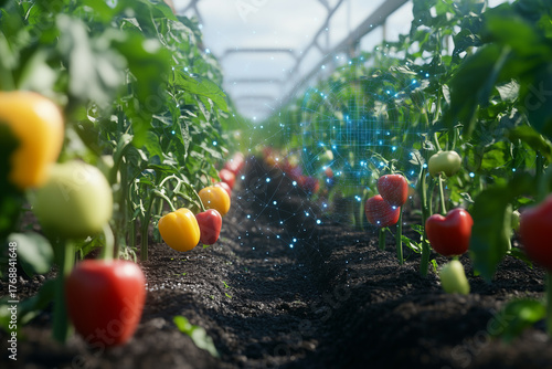 Artificial intelligence technology in smart farm with advanced sensors for crop monitoring technology integration. Futuristic Agricultural