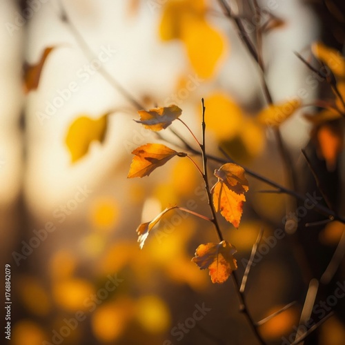 Autumnal Yellow Leaves Branch Against Soft Sunny Background