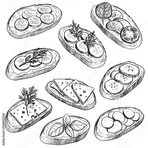 Set of open-faced sandwiches vector illustration for cafe menu and food blog design
