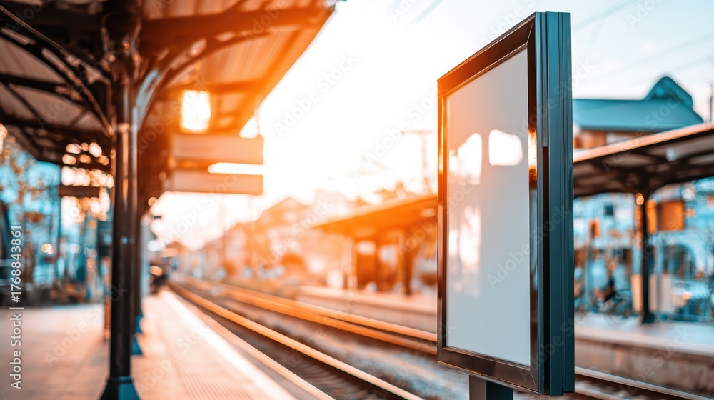 Obraz premium Modern train station platform with empty display board and tracks in warm sunlight du early morning or late afternoon