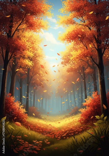 Autumn Forest Path with Falling Leaves Under a Bright Blue Sky