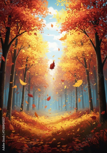 Vibrant Autumn Forest with Falling Leaves Pixel Art Illustration