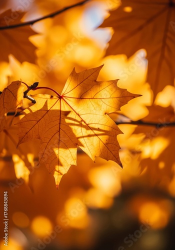 Warm Golden Maple Leaves in Sunlight Against Blurred Bokeh Background