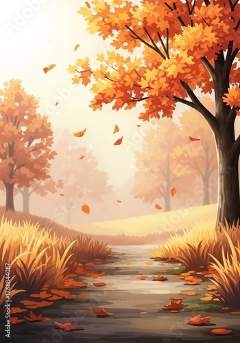 Autumn Path with Falling Leaves in a Pixelated Forest Scene