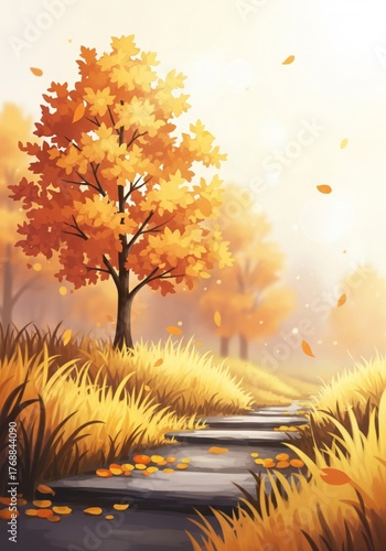 Autumn Pathway with Falling Leaves and Warm Light Illustration