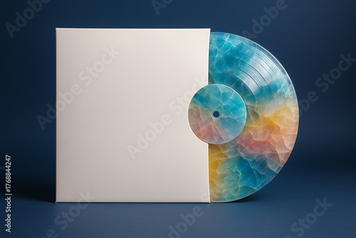 A vinyl record mock up, plain, blank, white sleeve on a blue backdrop, white inner label,marble textured vinyl, 

