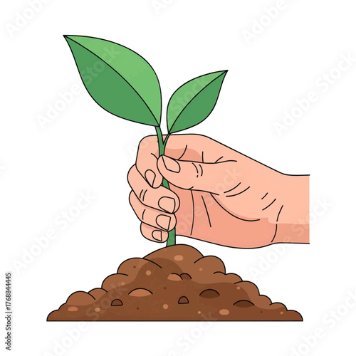 A nurturing hand gently planting a vibrant green seedling into rich soil, symbolizing new beginnings, growth, and environmental care for a sustainable future