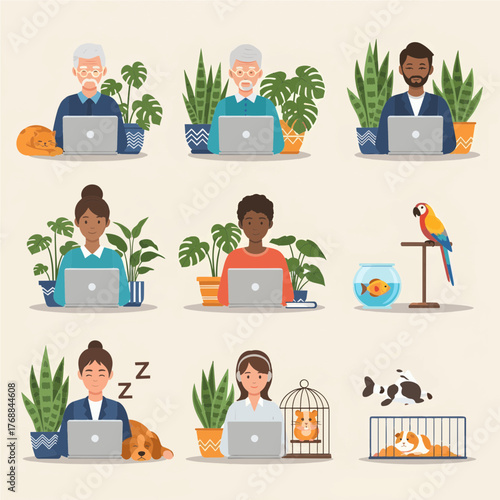 People Working at Home with Pets and Plants in a Modern Cozy Environment