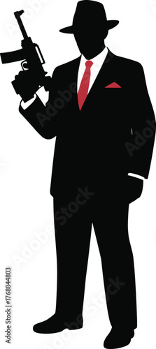 Gangster silhouette, vintage suit, red tie, submachine gun, noir style, mobster fashion, crime drama, retro illustration, iconic pose, weapon