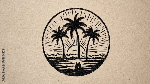 Tropical sunset with palm trees and ocean waves in a circular emblem.