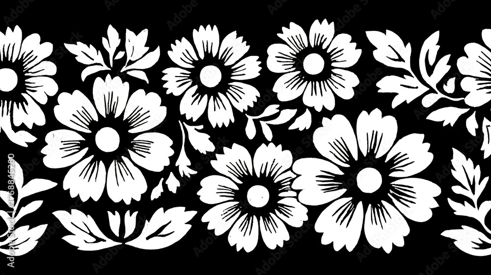 Obraz premium Seamless white floral pattern borders a black background with repeating blossoms.