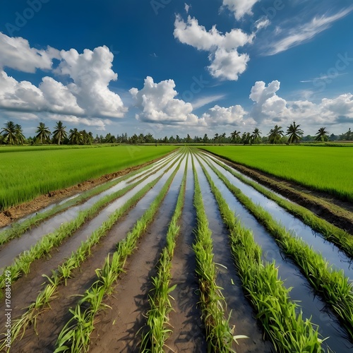 Beautiful Green Paddy Fields Under Clear Blue Sky — Eco-Friendly Agriculture Landscape Photography
