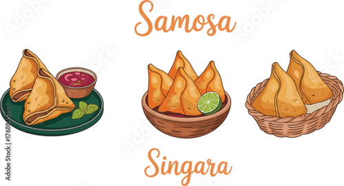 Samosa singara snack, traditional Indian food, fried pastry appetizer, spicy vegetarian street food, Asian cuisine, crispy triangle samosas, cultural snack presentation, authentic South Asian dish