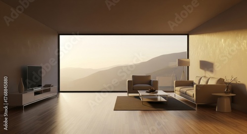Modern Living Room with Panoramic Mountain View and Wood Floors