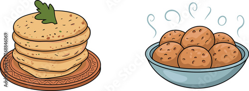 Traditional flatbread stack with garnish on plate and steaming dumplings in bowl, hot fresh food illustration, cultural cuisine drawing, delicious meal vector art