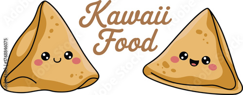 Kawaii samosa illustration, cute food character, smiling snack design, adorable Indian pastry cartoon, kawaii food art, happy samosa clipart, funny cultural cuisine drawing