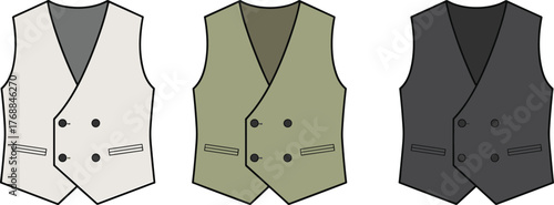 Fashion vest illustration, sleeveless waistcoat design, double breasted garment sketch, men’s formalwear vector, clothing template drawing, apparel flat sketch, stylish vest fashion design