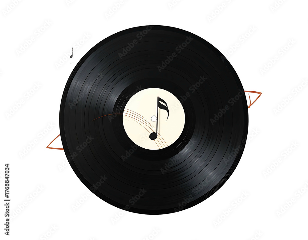 Obraz premium A black vinyl record spins on black, sporting an off-white label with a centered musical note icon