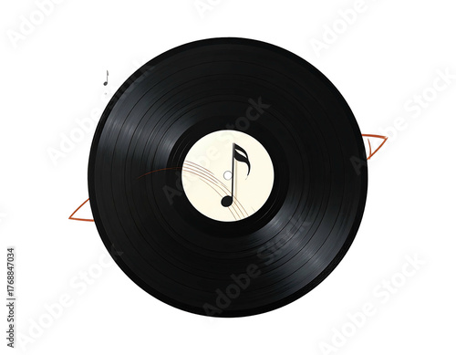 A black vinyl record spins on black, sporting an off-white label with a centered musical note icon