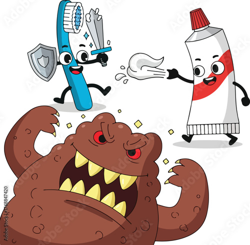 Delightful cartoon characters make dental hygiene fun! Toothbrush and toothpaste team up to defeat the cavity monster, promoting healthy habits with joy and adventure.