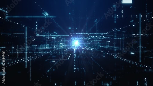 Abstract futuristic digital data network with glowing blue light and virtual grid, perfect for tech, AI, and cybersecurity themes. Technology digital data background