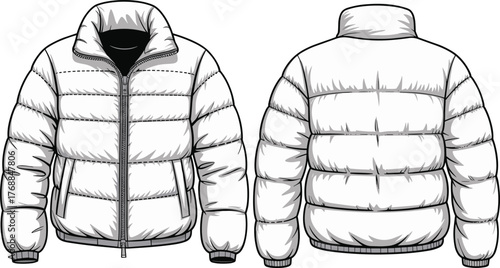 Puffer jacket, quilted coat, fashion sketch, technical drawing, winter wear, garment design, front view, back view, outerwear illustration, apparel concept