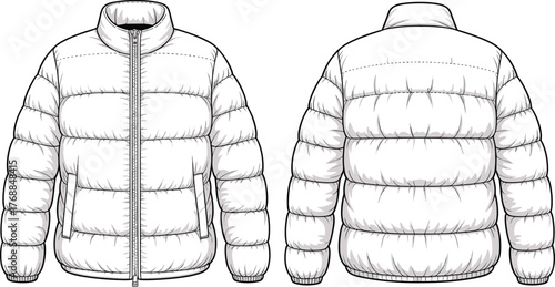 Puffer jacket, technical sketch, fashion design, garment template, quilted coat, winter wear, front back view, apparel illustration, outerwear concept