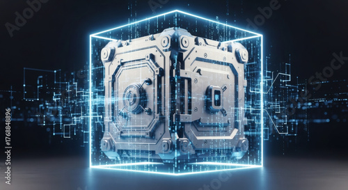 A secure, futuristic data vault or server crate enclosed within a protective holographic field of glowing blue digital information