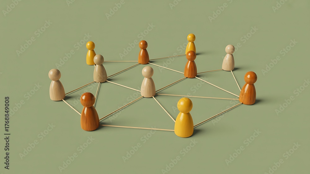 Obraz premium Abstract representation of interconnected diverse figures forming a network, symbolizing collaboration, communication, community, and social relationships in a modern, inclusive environment