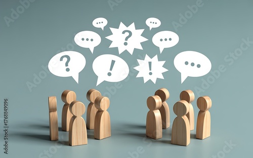 Visual metaphor for collaborative communication and complex problem-solving, depicting a group engaged in active dialogue, questioning, and sharing diverse ideas