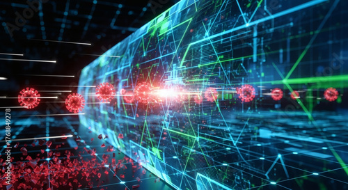 Conceptual illustration of virus cells infiltrating a high-tech digital network, symbolizing the intersection of biological threats and cybersecurity challenges in a globalized world