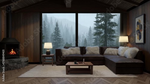 cozy modern living room cabin with fireplace, beautiful hyper relaxing rainy forest view, perfect for yt meditation channels, 4K UHD endless looped animation