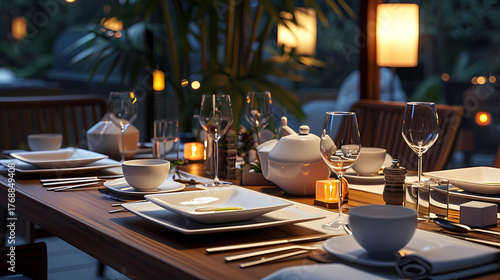 Dining table set with ceramic plates