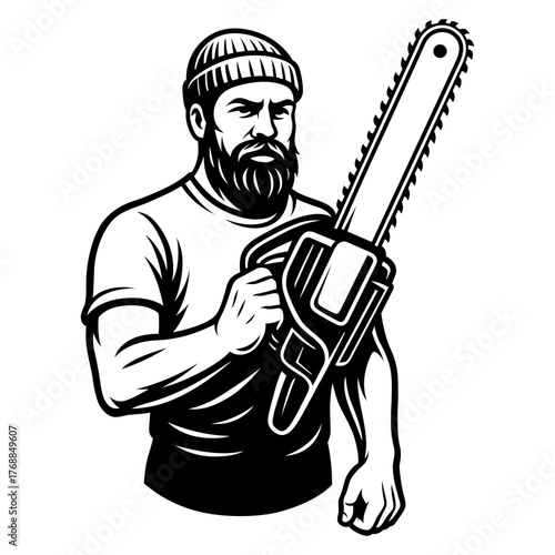 Lumberjack with Chainsaw Vector Illustration – Black and White Woodcutter Design for Forestry, Logging, and Worker Artwork
