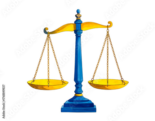 Golden scales of justice with blue base on black. Leaning, delicate, artistic drawing