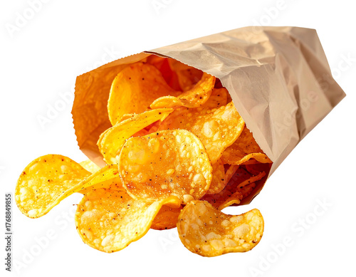 Golden, savory potato chips spill from a crumpled paper bag onto a dark surface